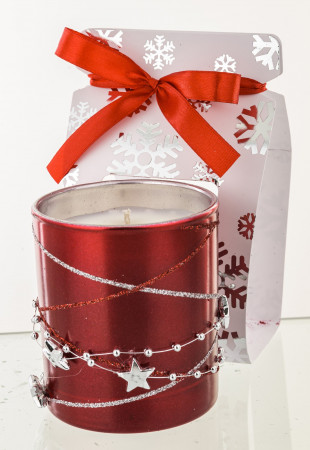 detail Vánoční svíčka ve skle se stříbrnou ozdobou červená GD DESIGN