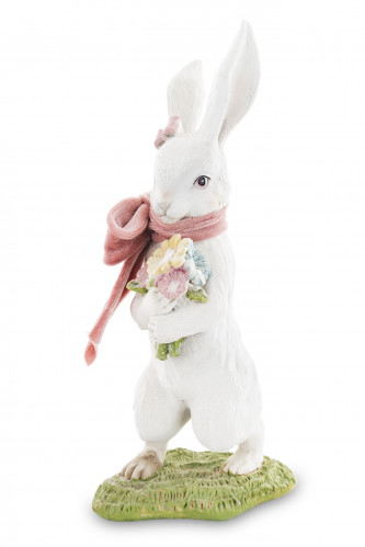 Biely zajac s kvetinou a mašľou 23 cm