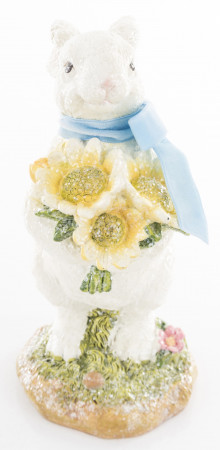 detail Bílý zajíček s květinou a modrou mašlí 23 cm GD DESIGN