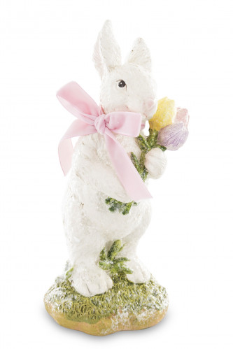 Biely zajac s tulipánmi a ružovou mašľou 23 cm