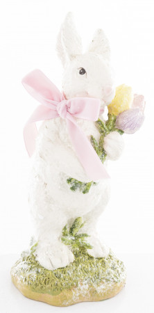 detail Bílý zajíc s tulipány a růžovou mašlí 23 cm GD DESIGN