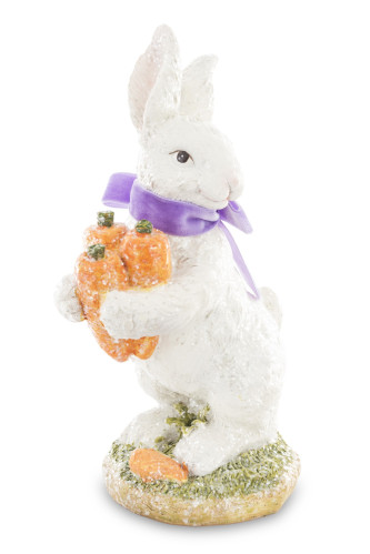 Biely zajac s mrkvou a fialovou mašľou 22 cm